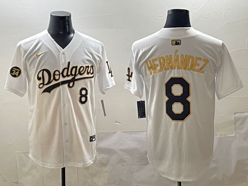 Men Los Angeles Dodgers #8 Hernandez White Gold Nike 2025 MLB Jersey style 4242
